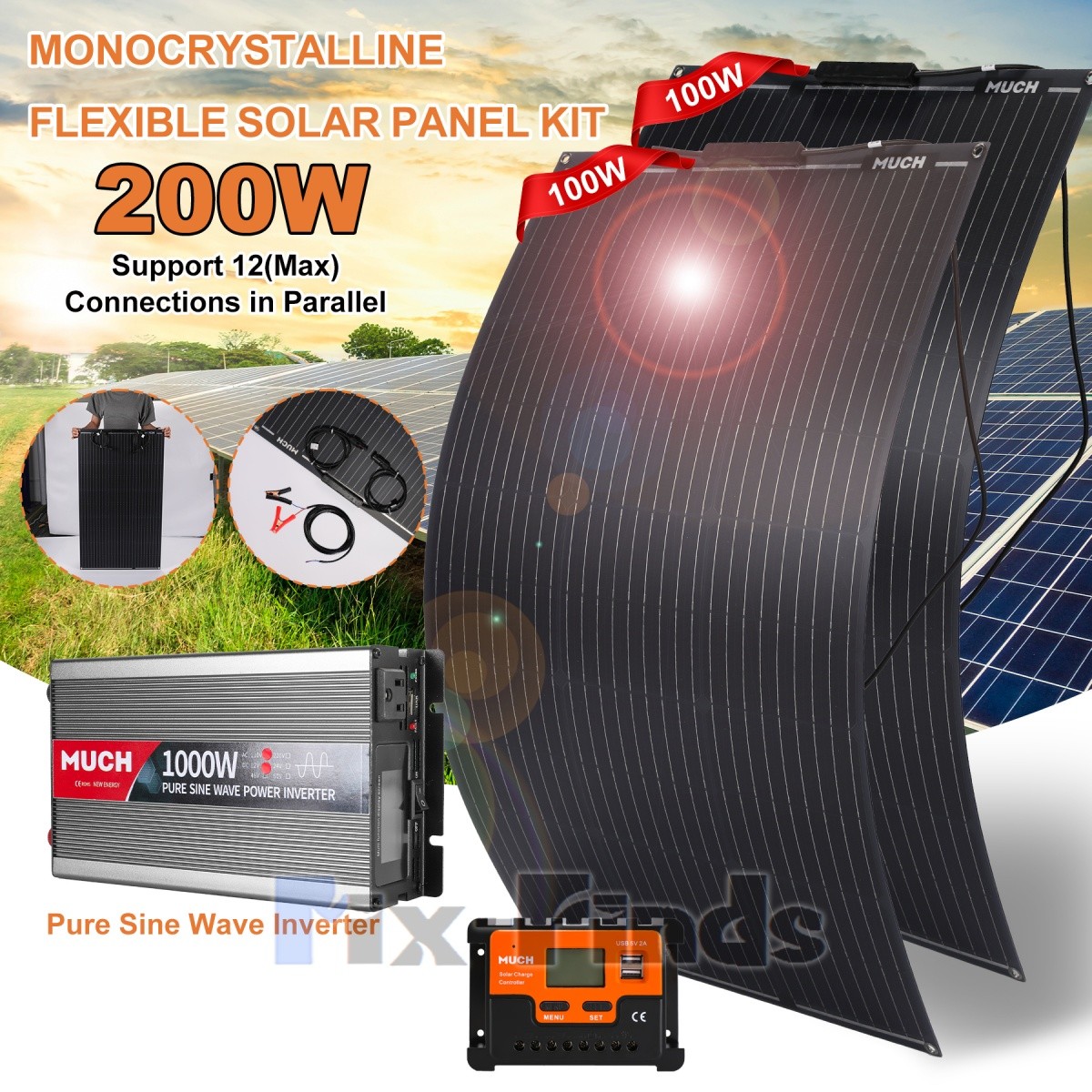 2000W Complete Solar Panel Kit Solar Power Generator 30A Home 110V Grid System