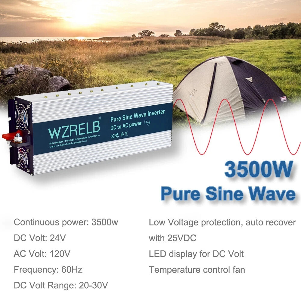 3500W Pure Sine Wave Inverter 24V to 120V Power Home Solar System Camp Motor Car