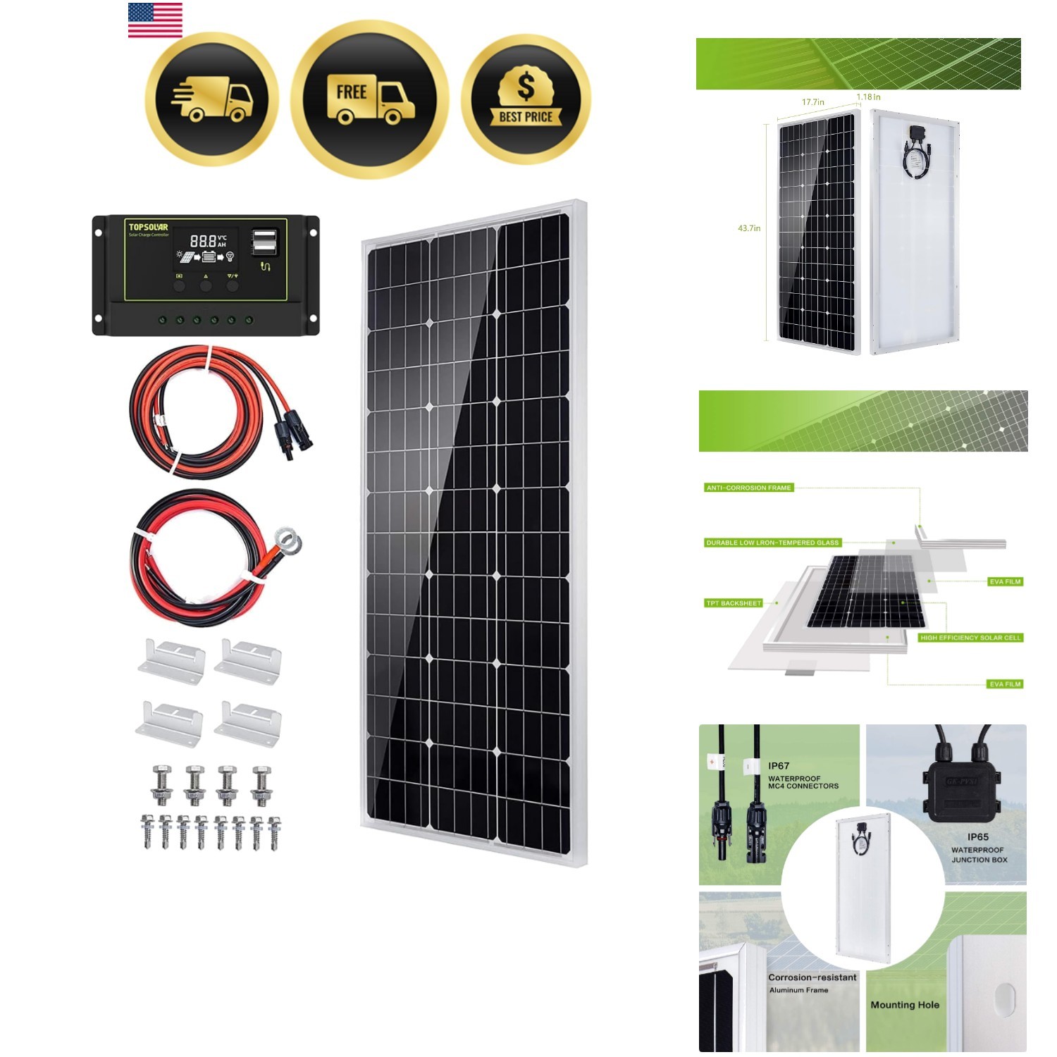 Solar Panel Kit 100W 12V Monocrystalline Off Grid System for RV Home Boat