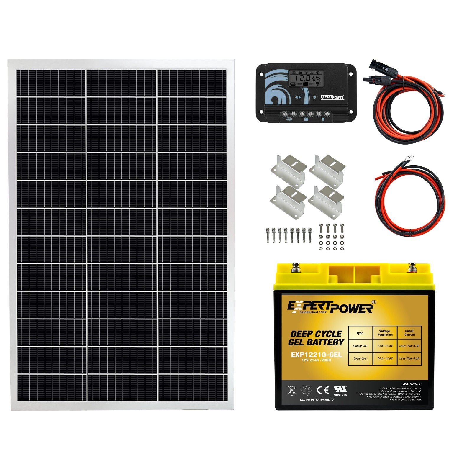 252Wh 12V Solar Kit: 100W Panel, GEL 21Ah Battery, Controller, Mounting Kit