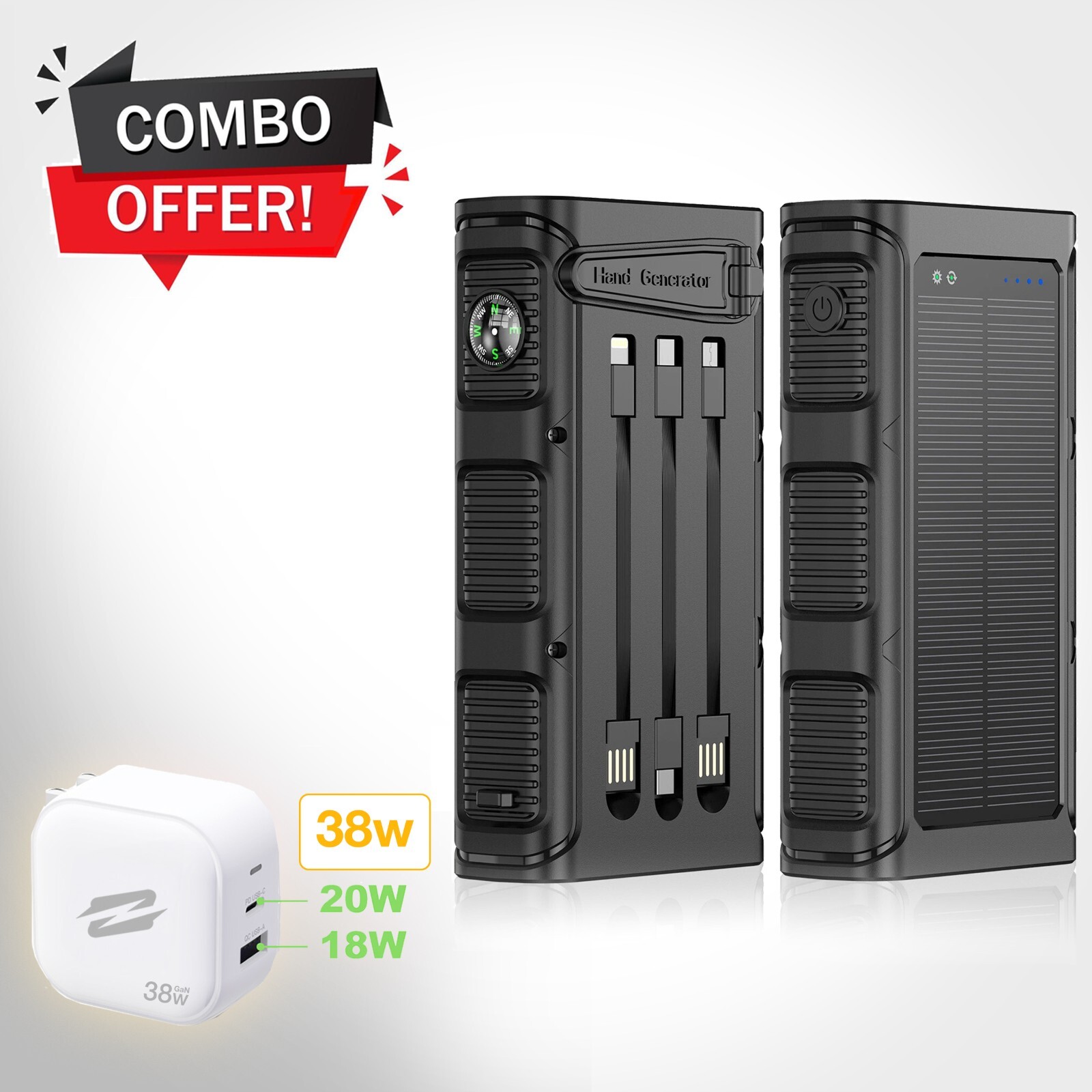 Solar Hand Crank Power Bank 30000mAh + 38W USB-C GaN Charger | PD 20W, Solar