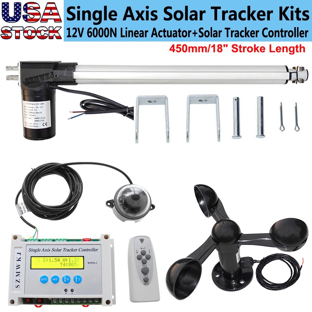 Single Axis Solar Panel Tracker W/ Anemometer W/ 18″ 6000N Linear Actuator Kits