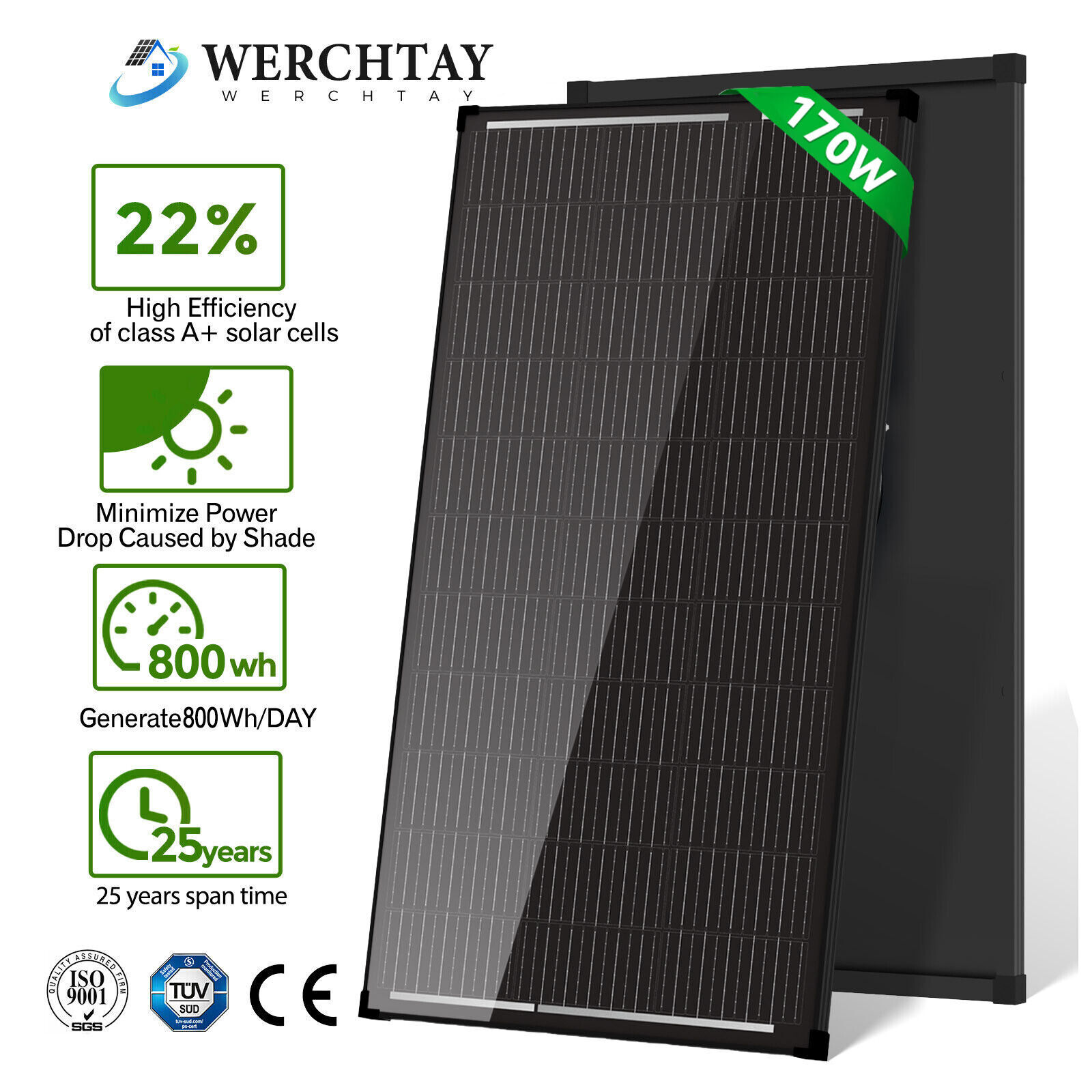 170W Watt Solar Panel 12V Mono Battery Charging Home Boat Camping RV Off Grid