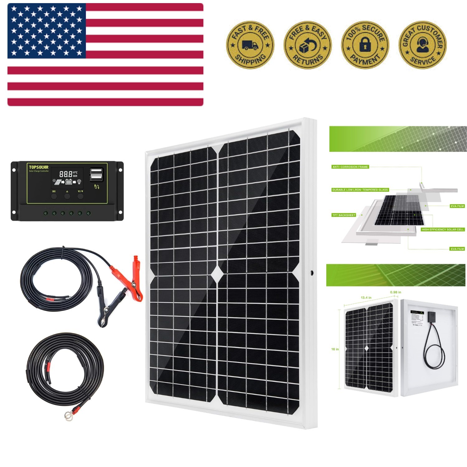 20W Monocrystalline Solar Panel Kit with 10A Charge Controller for Off-Grid