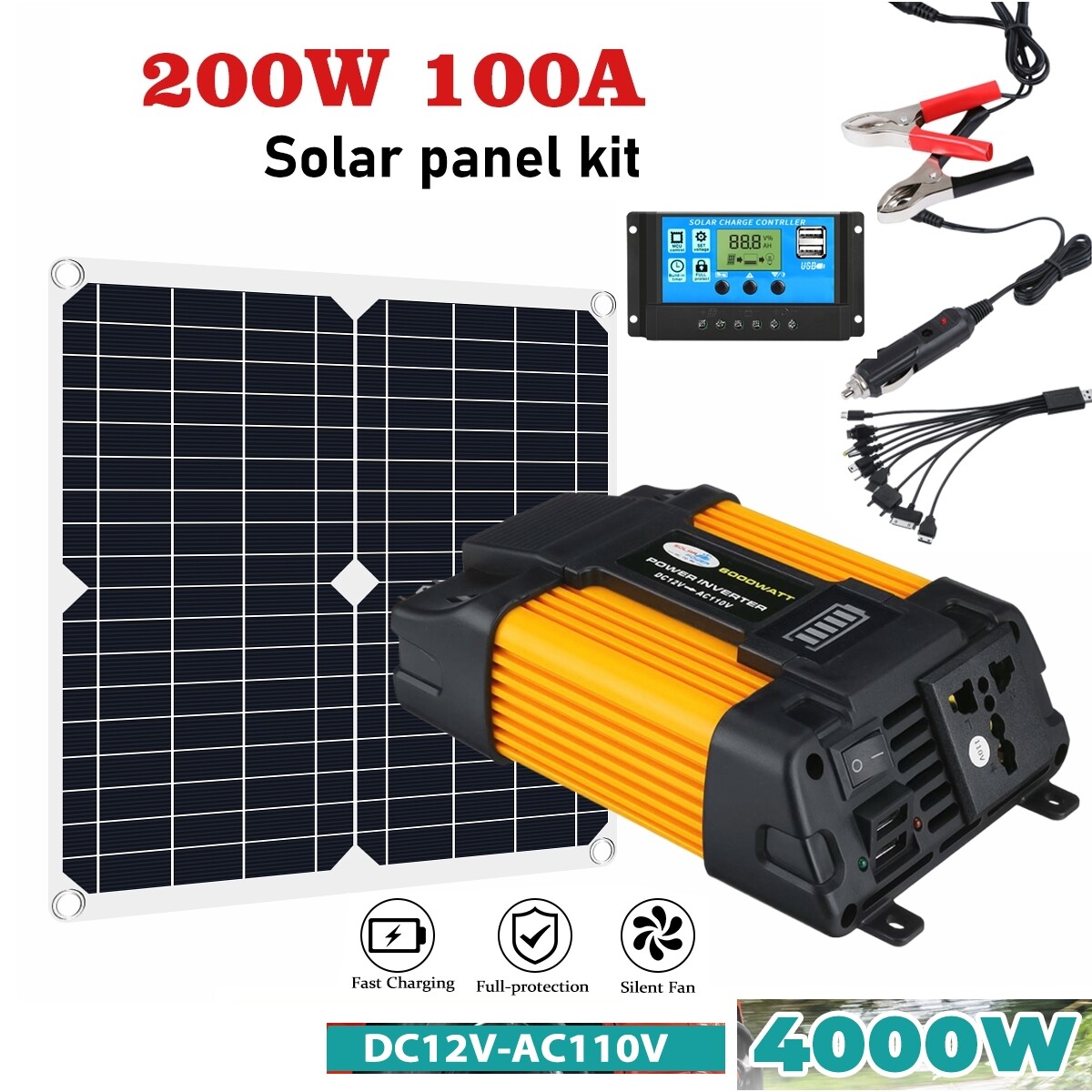 110V 4000W Complete Solar System Power Generator Solar Panel Kit 100A Home Grid