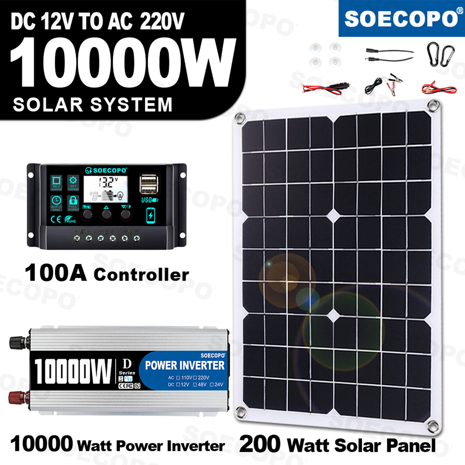 10000W Solar System DC12V to 220V Off-Grid Inverter System 100A Controller 500W