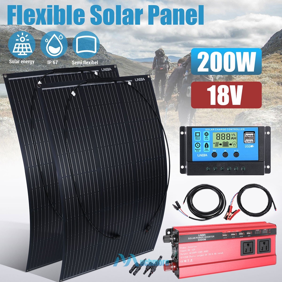 Solar Power Generator 100W 200W Solar Panel Kit with Controller & 5000W Inverter