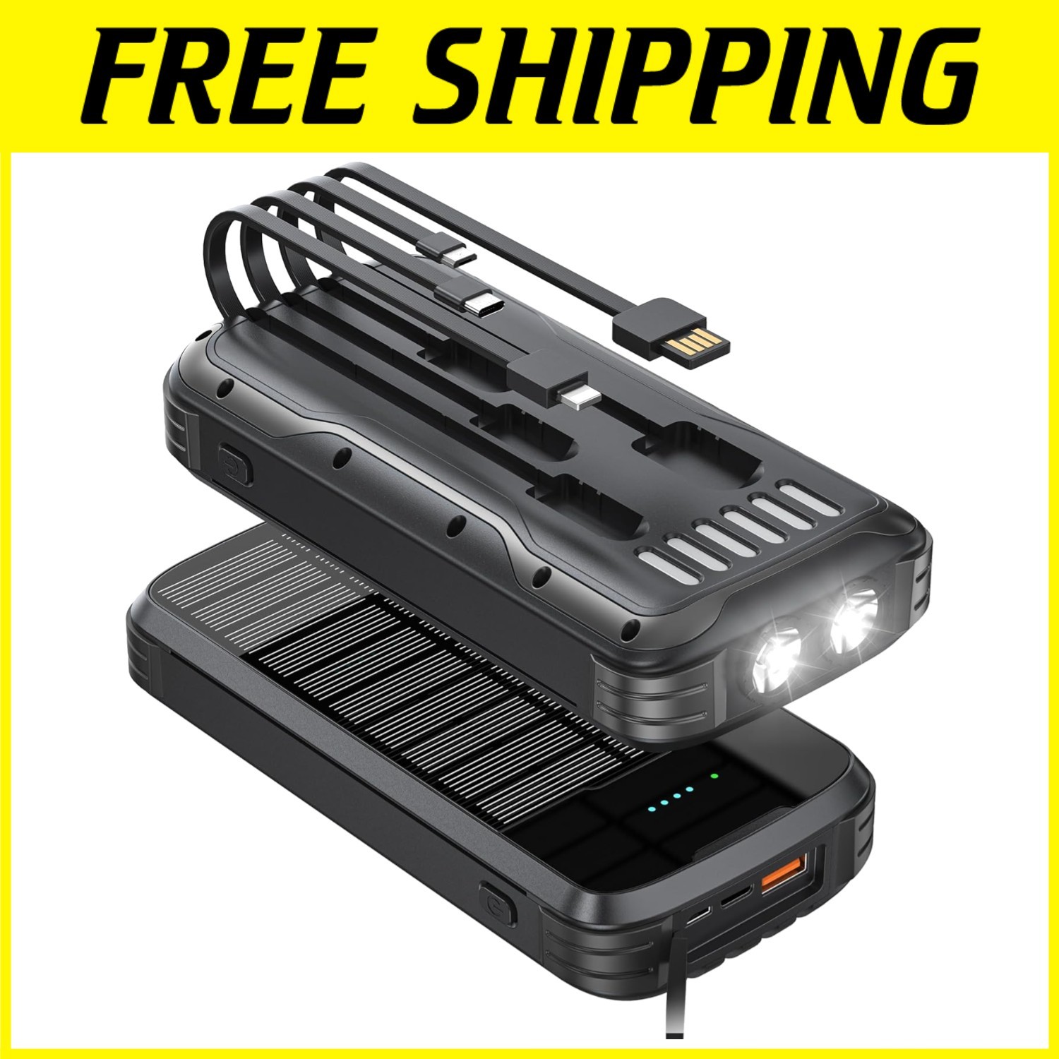 40000mAh Solar Power Bank – Portable Charger with Built-in Cables & Flashlights
