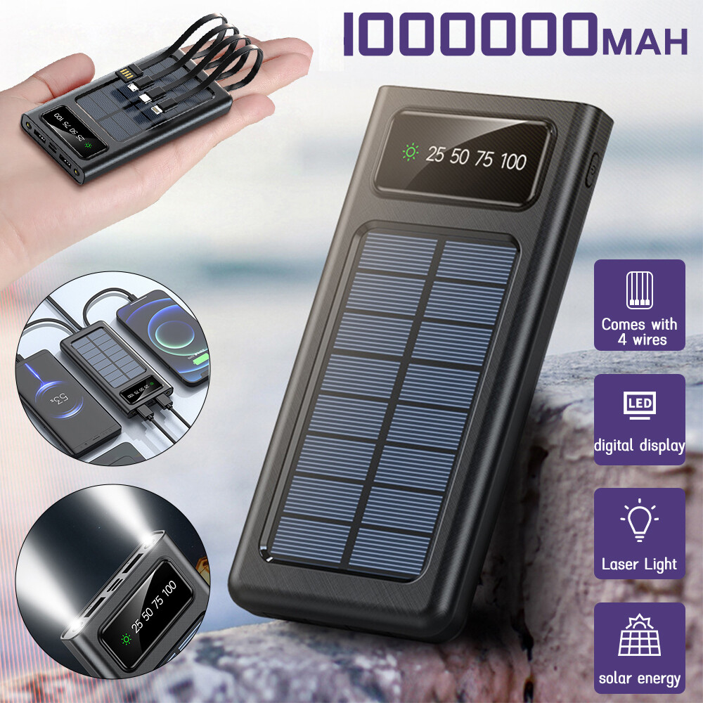 2023 Solar Power Bank 1000000mAh LCD LED 4 USB Portable External Battery Charger