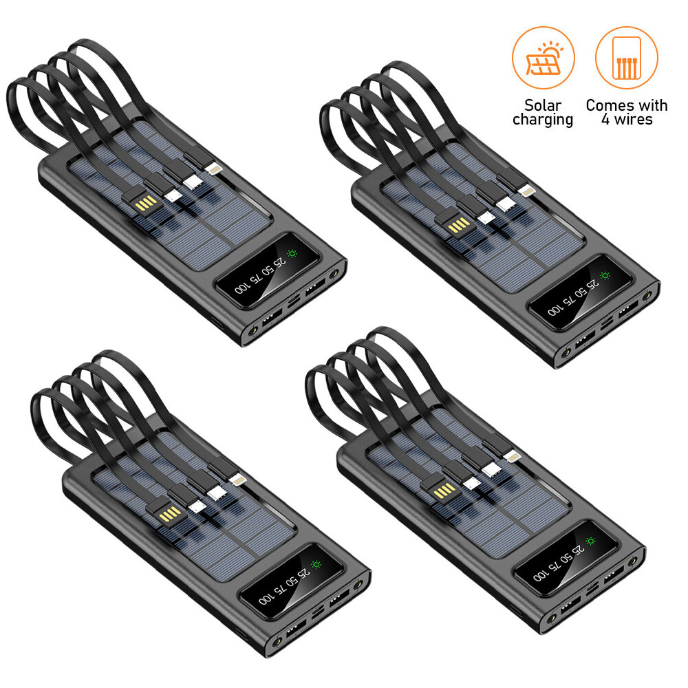 4pcs 10000mAh Solar Power Bank W/4Cables External Battery Charger for Cell Phone