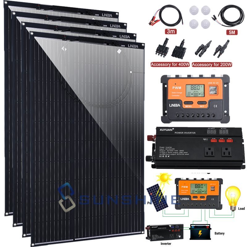 400W 200W Flexible Solar Panel Kit w/ Inverter Home Rooftop RV Off-Grid System
