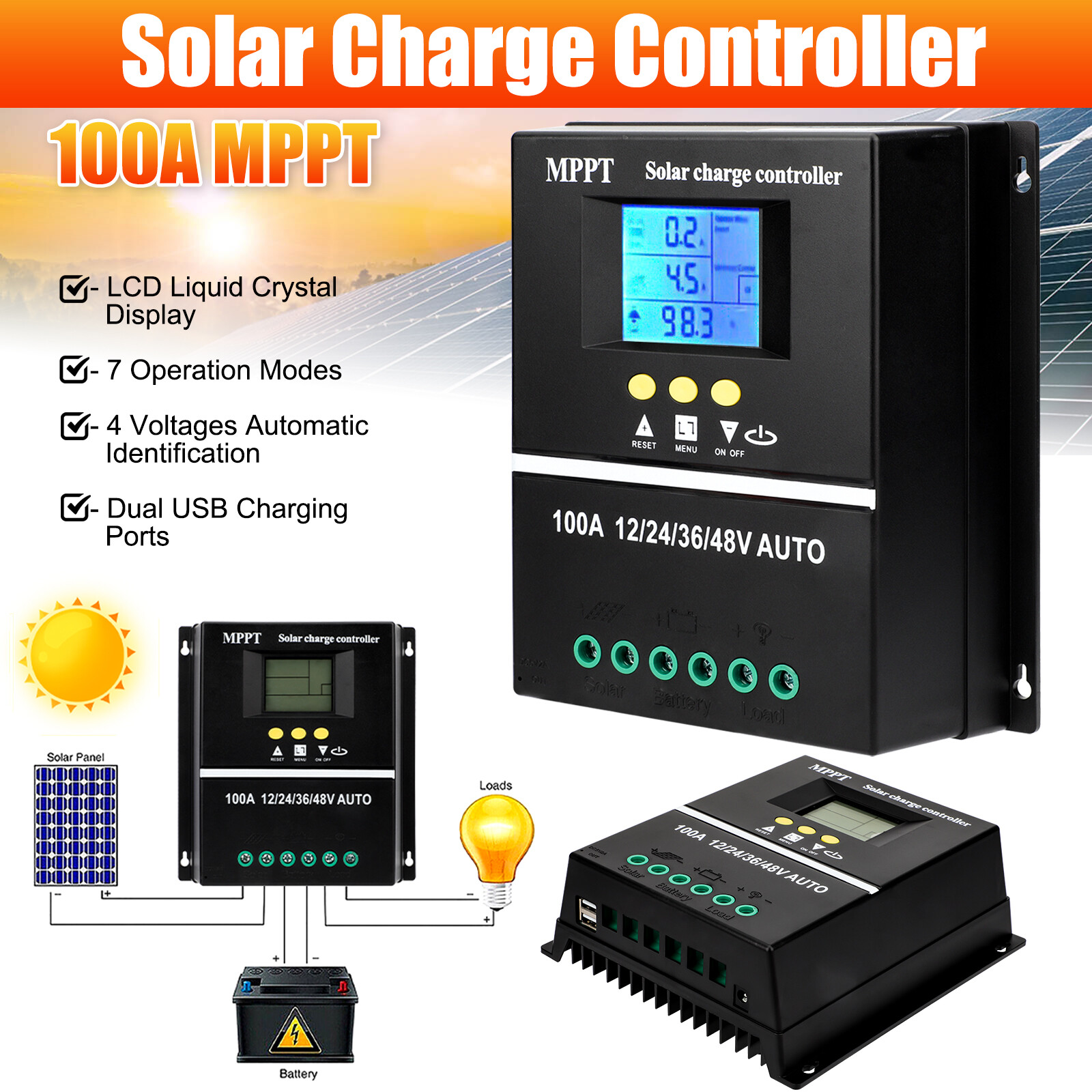 100A MPPT Solar Panel Kit PV Regulator Charger Controller Auto Focus 24V 36V 48V