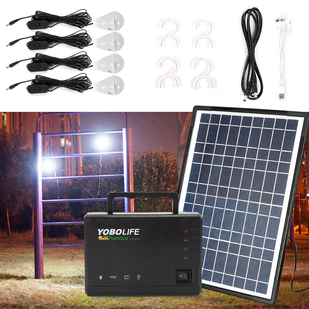 Solar Panel Power Generator Kit Battery Pack Power Station w/ 4 Bulbs Portable