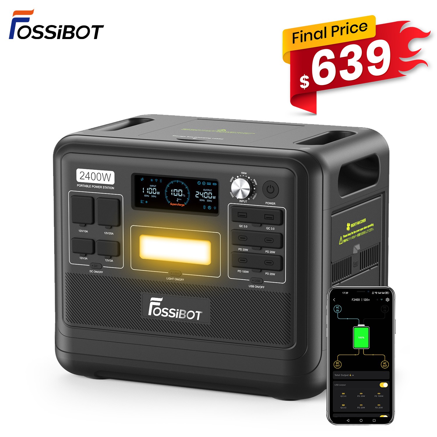 FOSSiBOT F2400 2048Wh Portable Power Station 2400W Solar Generator for Backup
