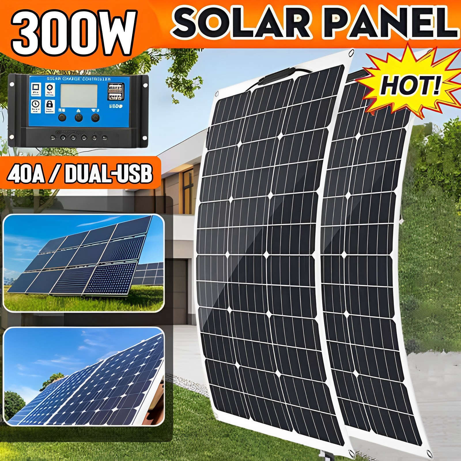 150W 300W 600W 900W Watt 12V 24V Volt Flexible Solar Panel Kit RV Camp Golf Cart