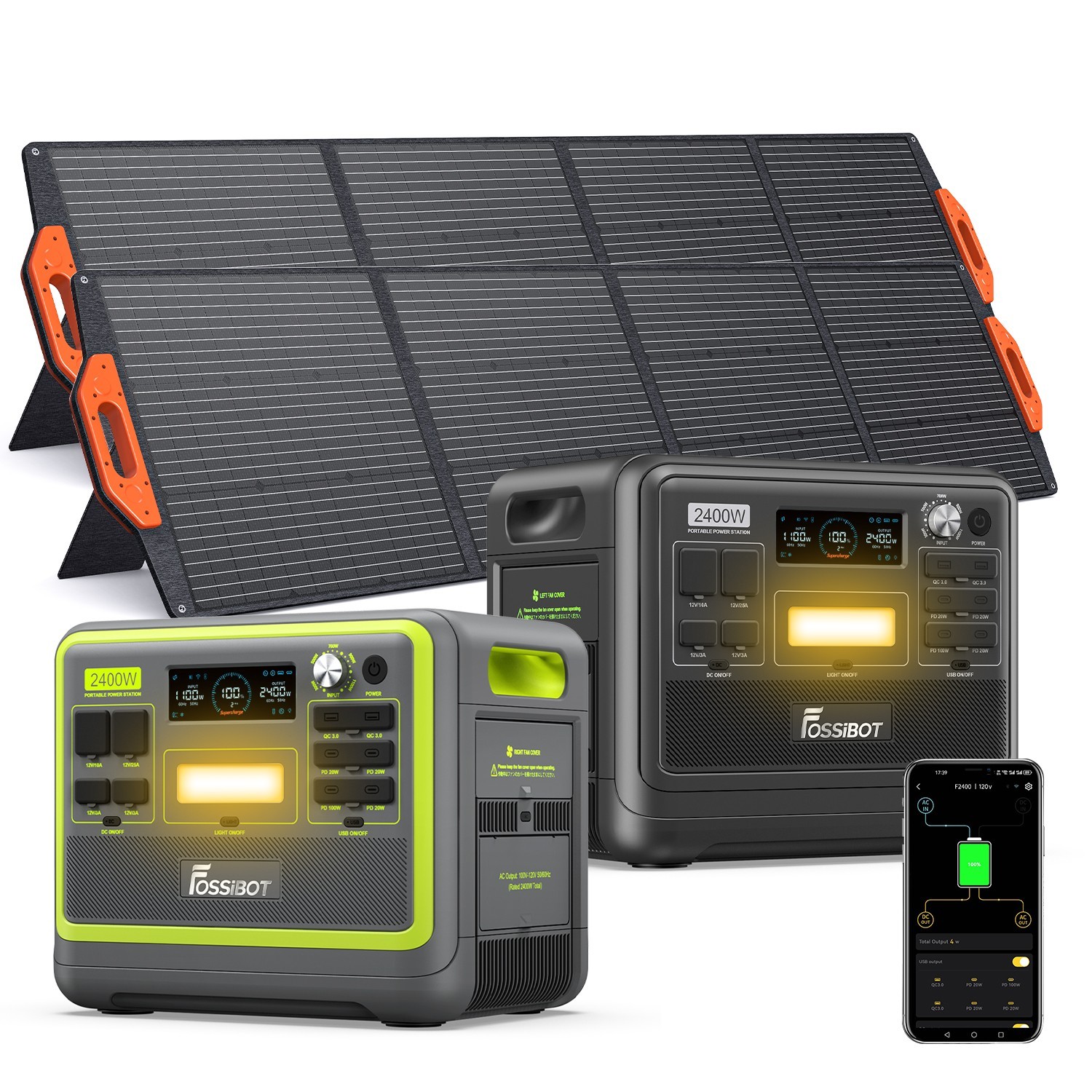 FOSSiBOT F2400 2400W Portable Power Station 2048Wh LFP,200W/400W Solar Panel Kit