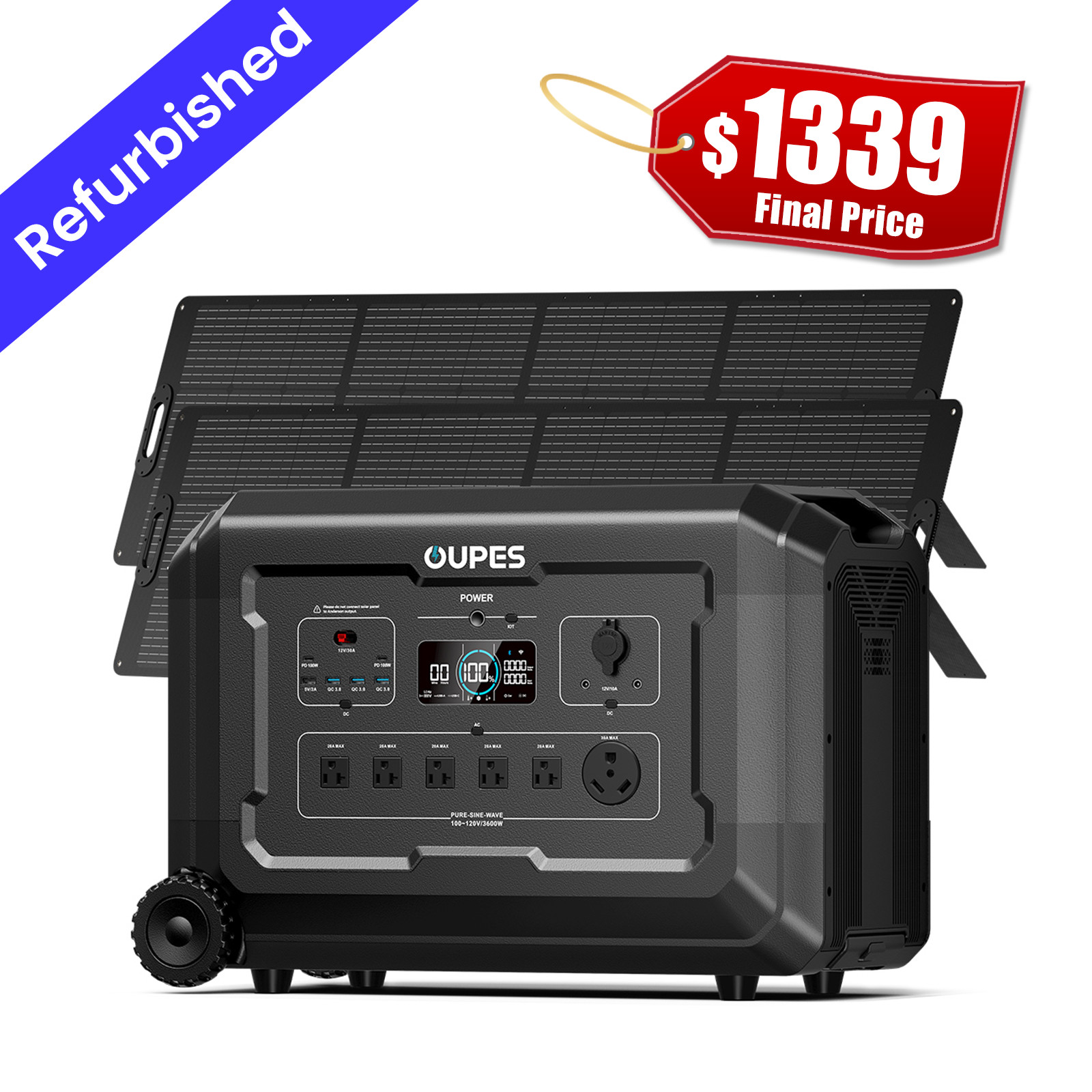 OUPES 3072Wh Mega 3 Power Station 3600W Solar Generator +2*240W Solar Panels Lot