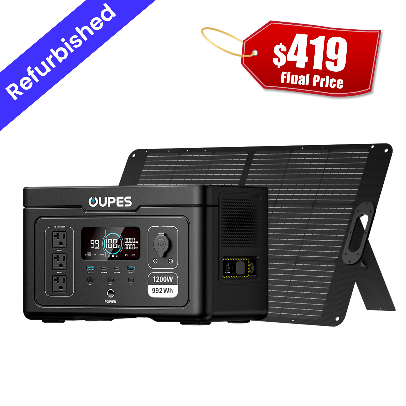 OUPES Exodus 1200 Power Station 1200W/992Wh Solar Generator+100W Solar Panel.