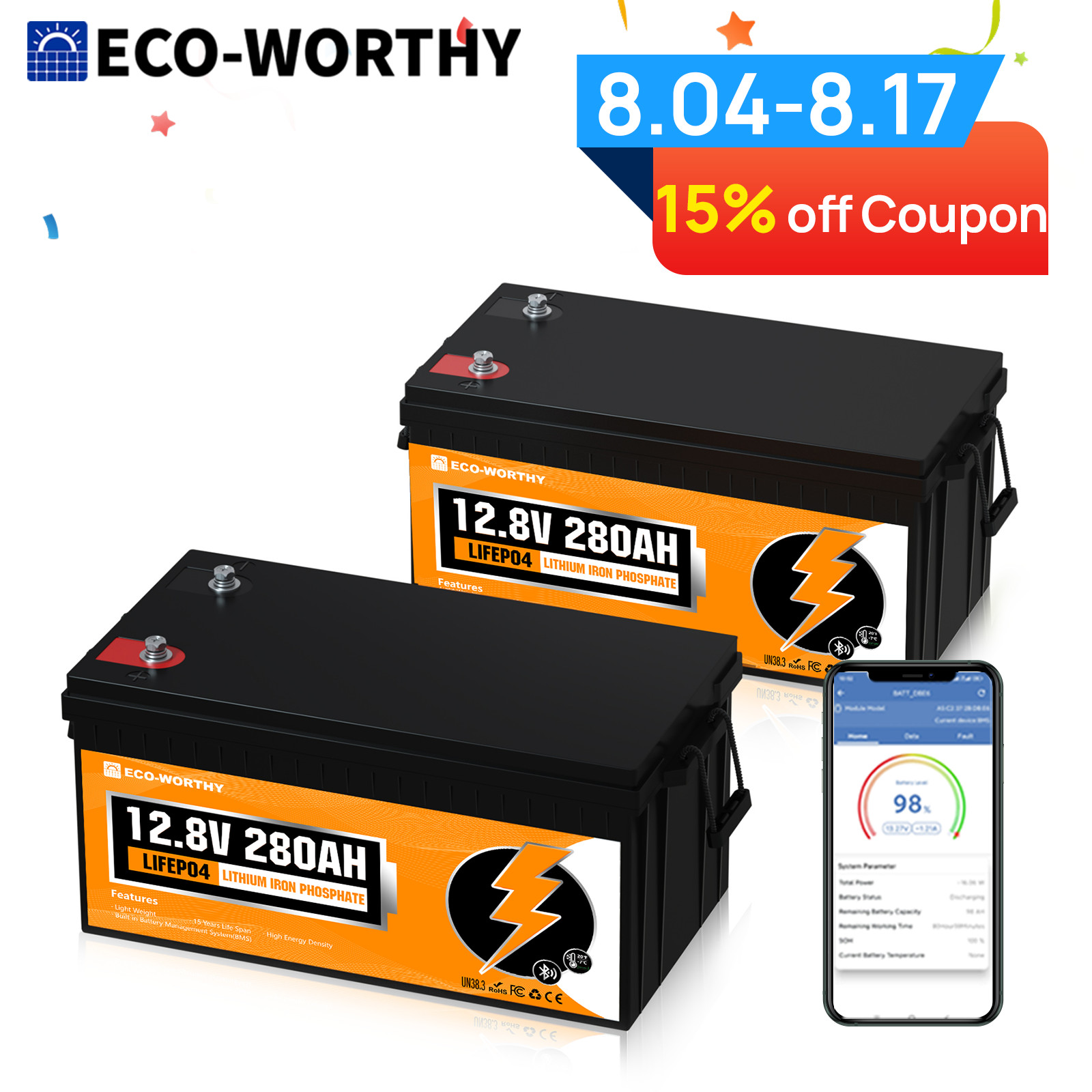 ECO-WORTHY 12V 280Ah 3584Wh LiFePO4 Lithium Battery Bluetooth 24V/36V/48V For RV
