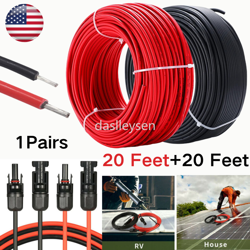 20ft Black + 20ft Red 10AWG Solar Panel Extension Cable Flexible Wire Connectors