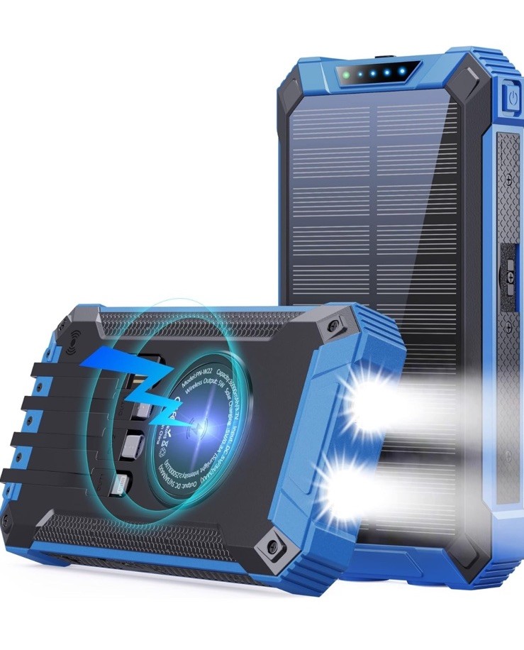 Blue Solar Power Bank 36000mAh Built-in 4 Cables Qi Wireless Charger Sealed Box