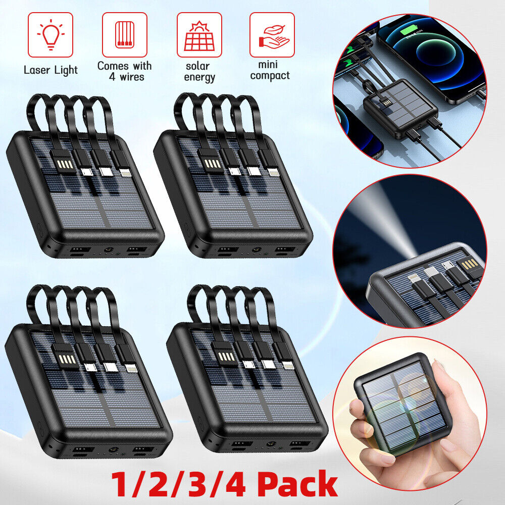 1-4PCS Portable Power Bank 40000mAh Fast Charging Battery with 4 Built in Cables