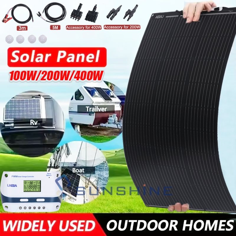 200W 400W Semi-flexible Solar Panel Mono w/Controller Kit RV Boat Battery Home