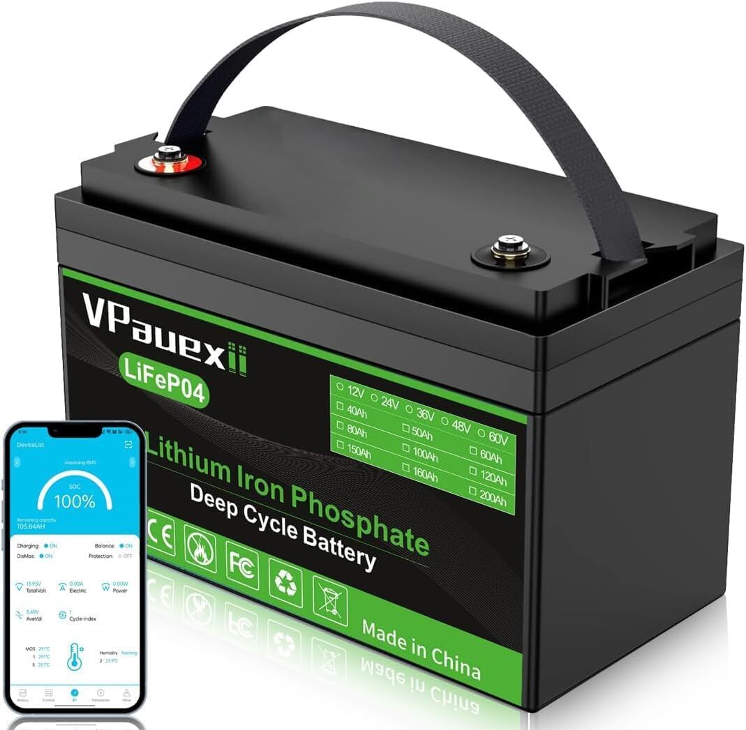 12V 100Ah Bluetooth LiFePO4 Lithium Battery for RV, Solar,Trolling Motor,Camping