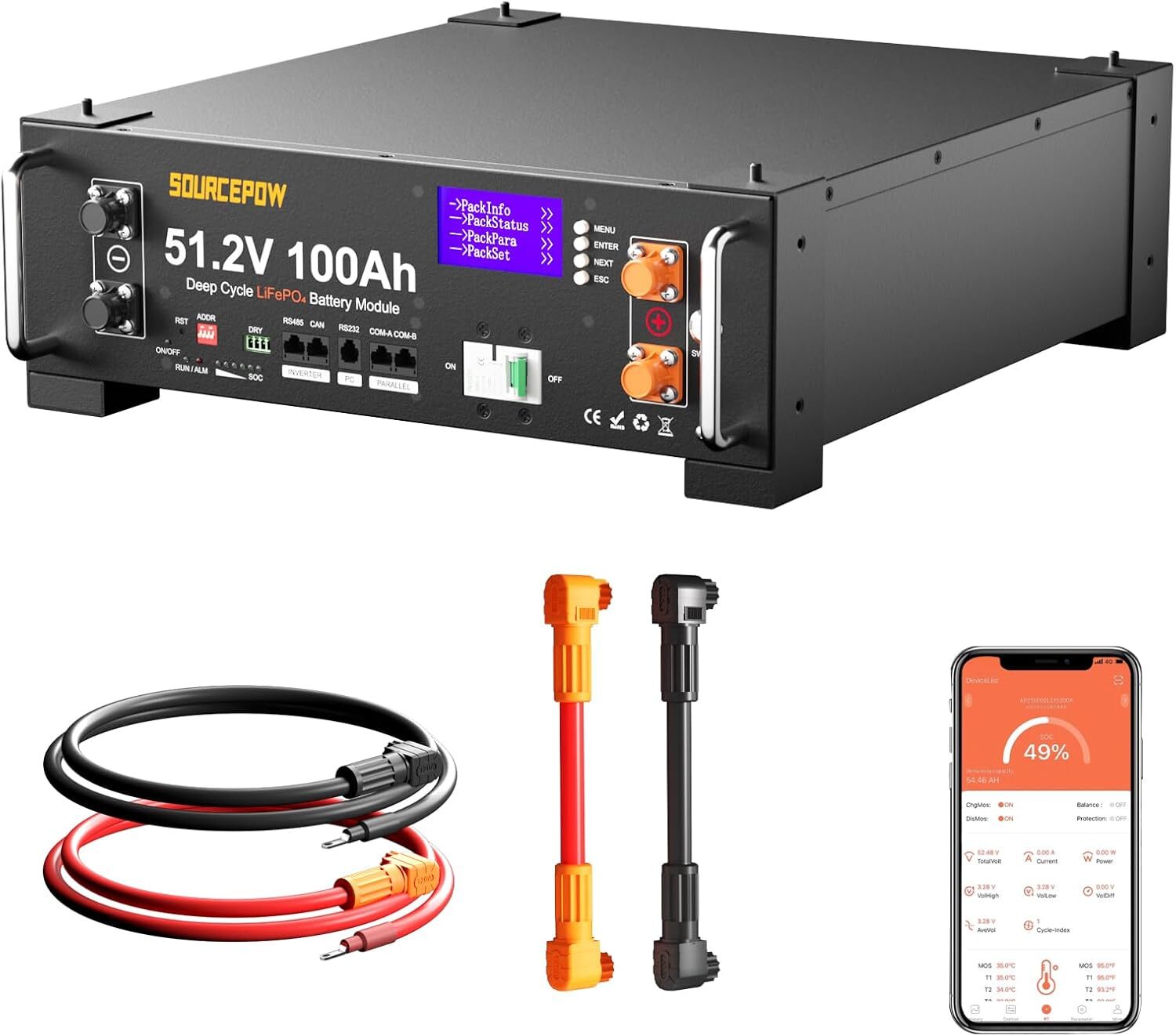 48V 100Ah LiFePO4 Lithium Battery, Server Rack Battery CAN/RS485 for Solar