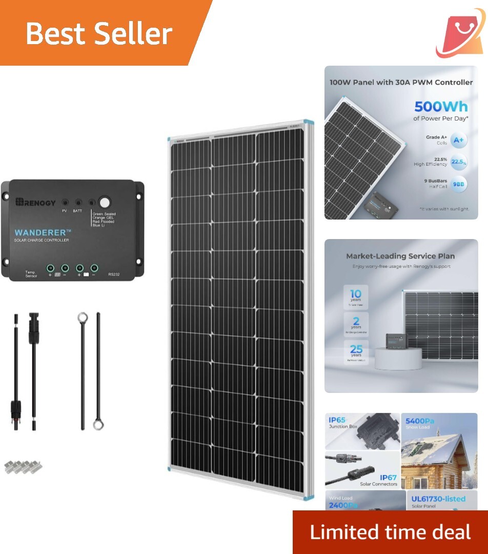 100W Solar Panel Kit Monocrystalline 30A Controller Off-Grid RV Camping