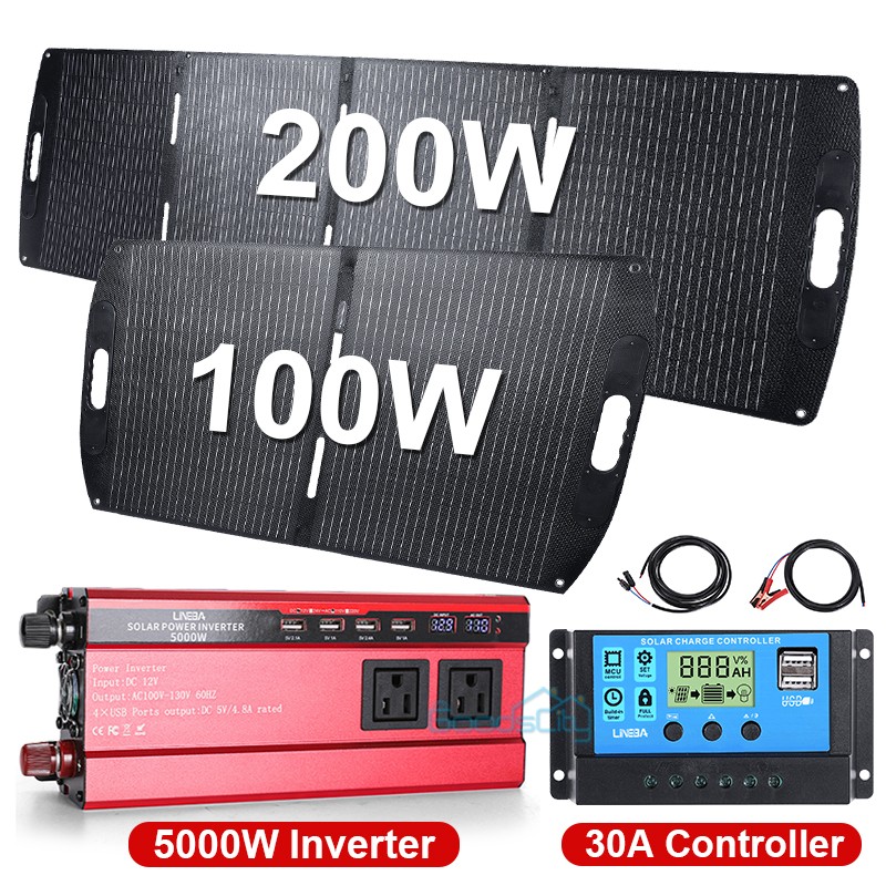 200W 100W Solar Panel Kit w/Controller & Inverter Waterproof IP68 for Outdoor RV