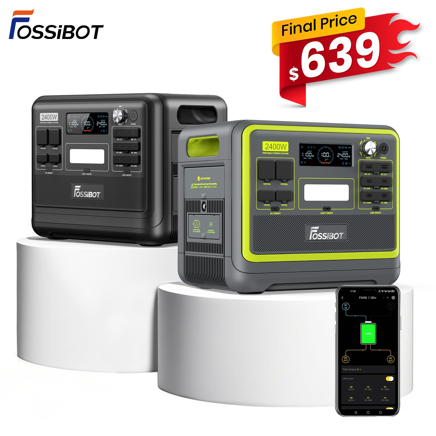 FOSSiBOT F2400 2048Wh Portable Power Station 2400W LFP Solar Generator Backup