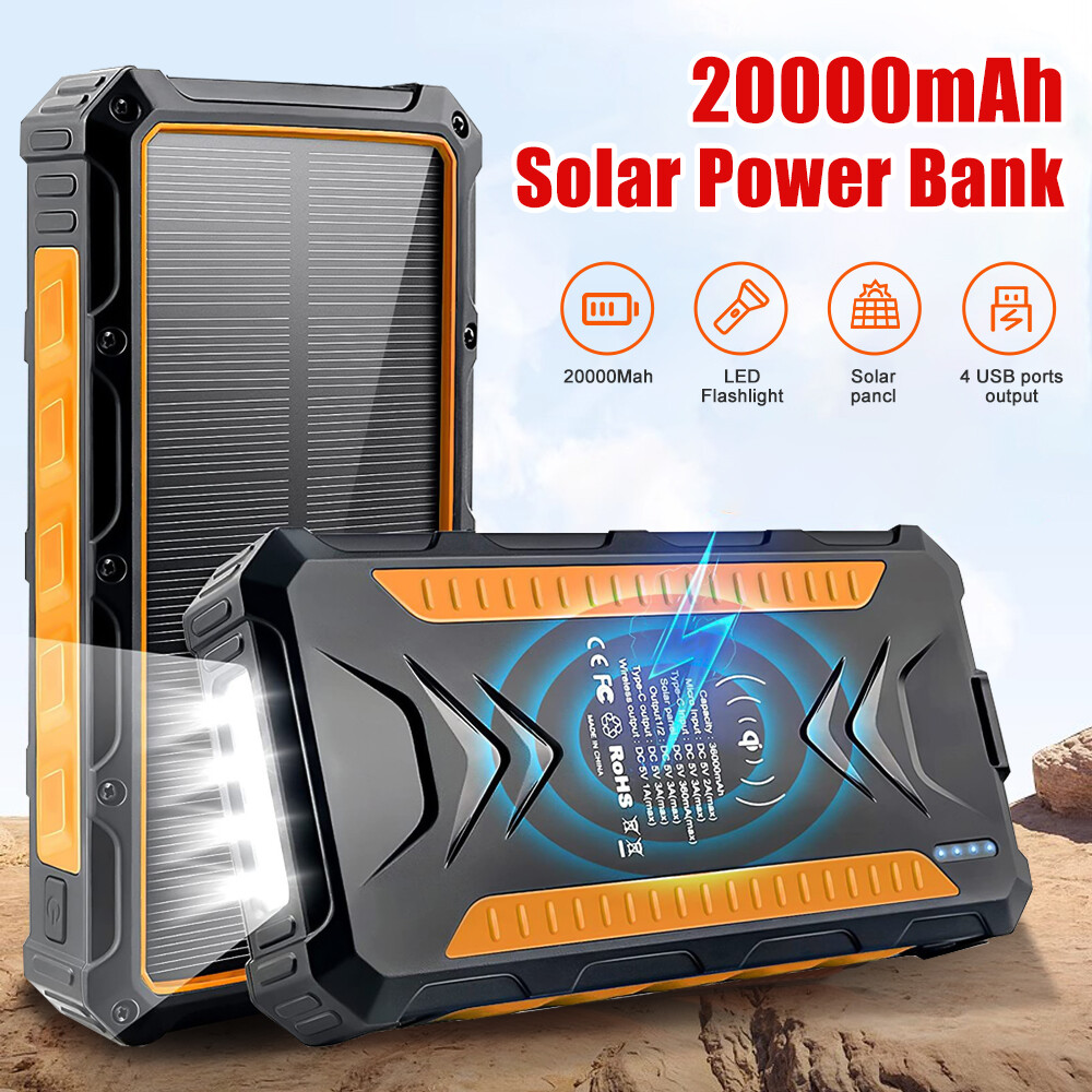 4 USB Waterproof Solar Power Bank 20000mAh Portable External Battery Charger US