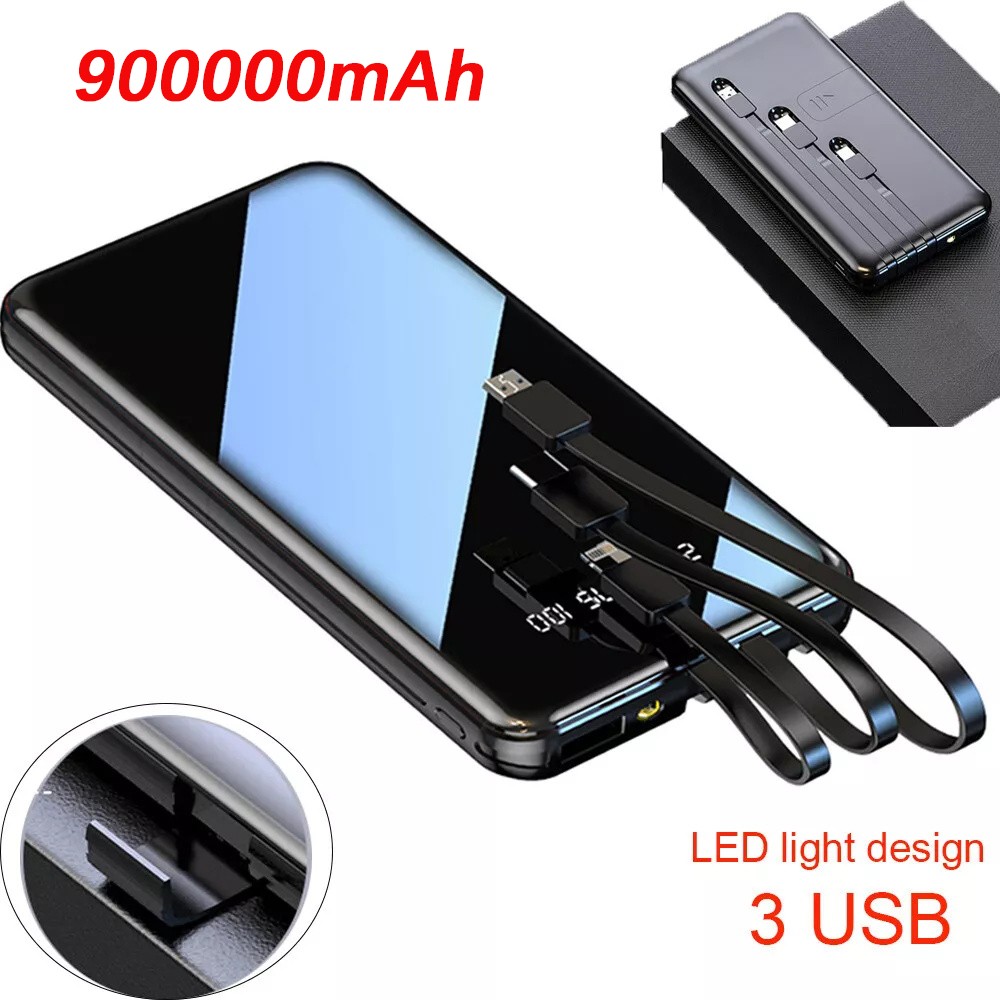 Portable Power Bank 900000mAh Fast Charging Battery with 3 Built in Cables Black