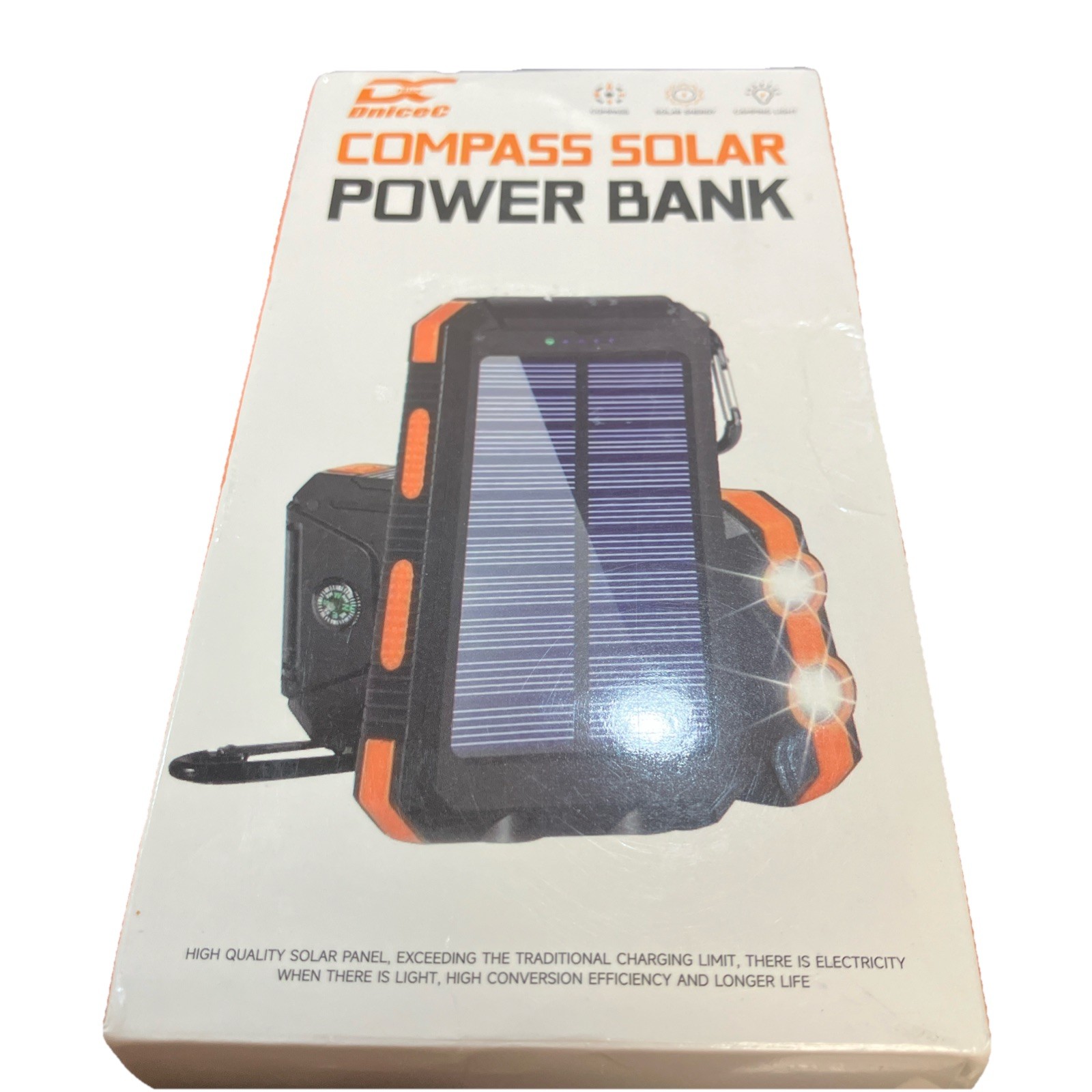 Portable Solar Power Bank Phone & Device Charger w/ Flashlight Compass Clip NEW