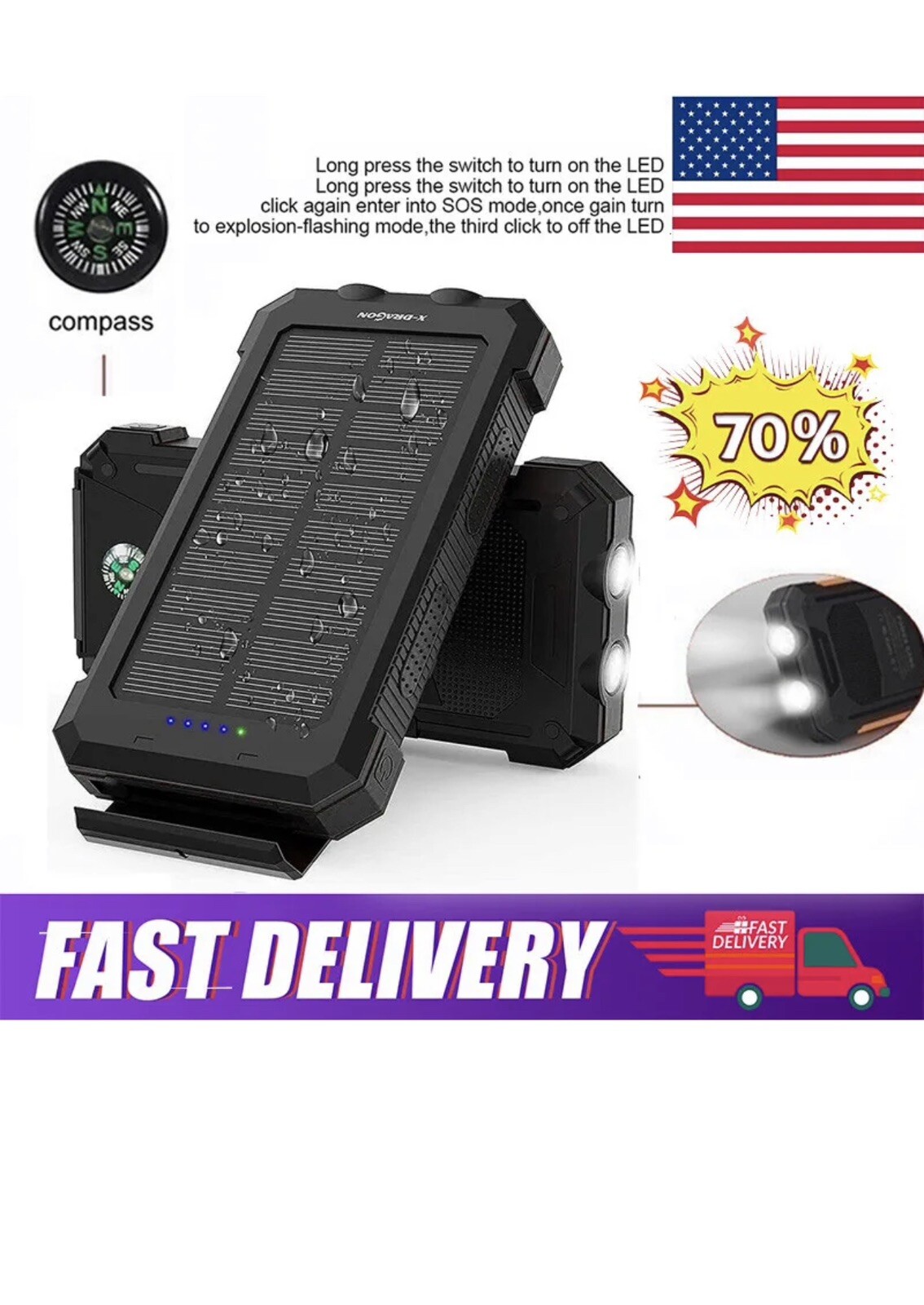 500000mAh Solar Power Bank Portable Dual USB External Battery Charger For Phone