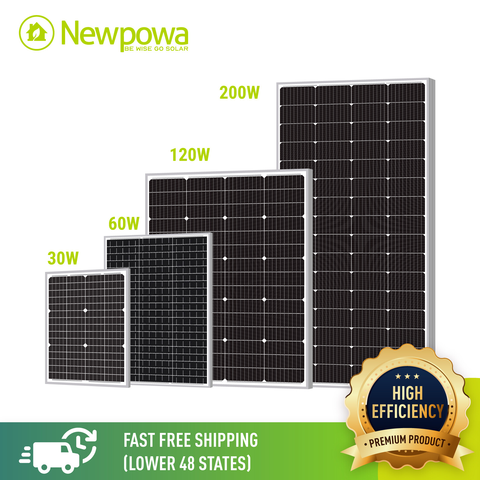 Newpowa 24V Series Solar Panel 30-200W High Efficiency Monocrystalline Off-gird