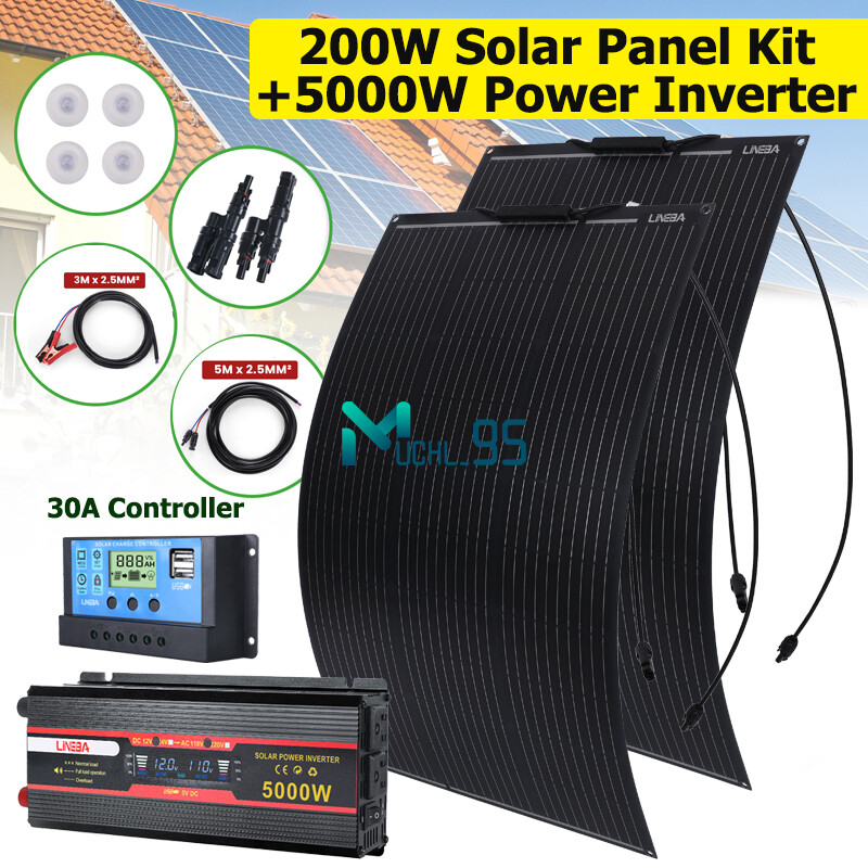 200W Flexible Solar Panel Kit w/ 5000W Inverter For RV Boat Camper Power Station