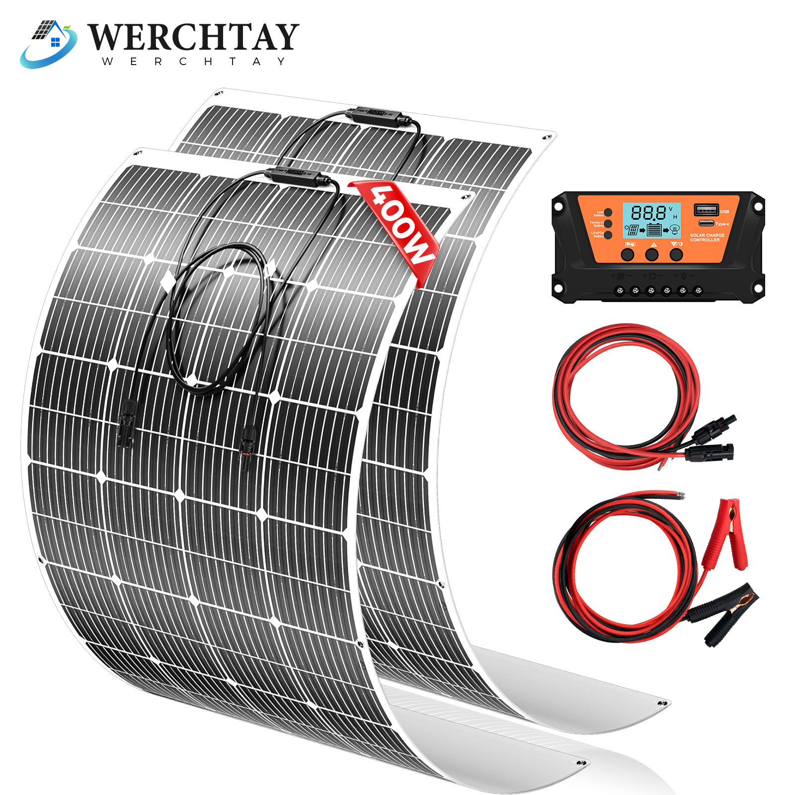 100W 200W 400W Flexible Solar Panel 12V Power Portable Camping Home RV Battery