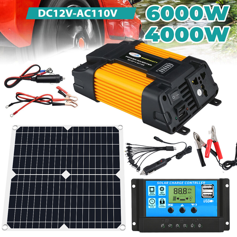 6000W/4000W Peak Car Power Inverter Solar Panel Kit Controller 12V DC to 110V AC