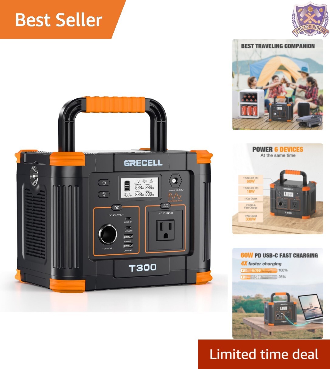 Portable Power Station Solar Generator 300W Peak 600W 230Wh USB-C AC Out
