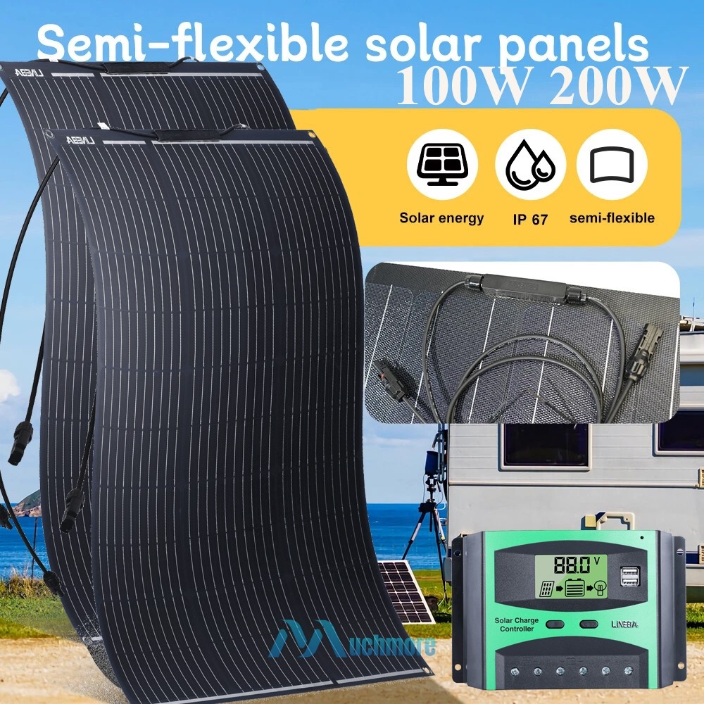 200W 100W Portable Flexible Solar Panel Kit 100A Controller RV Camping Off-Grid
