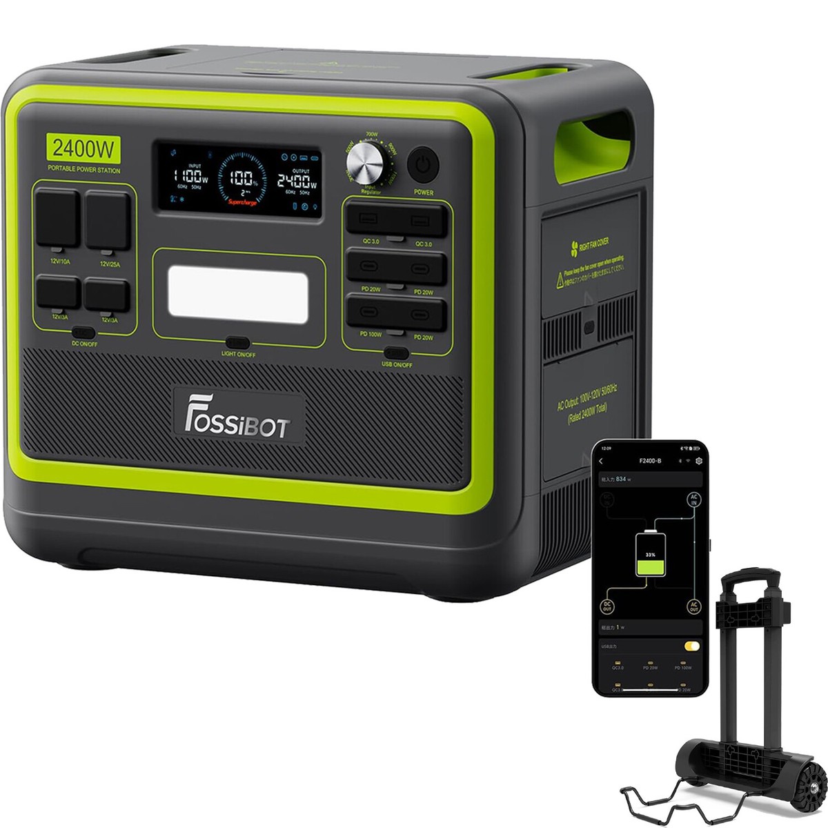 FOSSiBOT 2400W Portable Power Station 2048Wh Solar Generator Folding Hand Truck