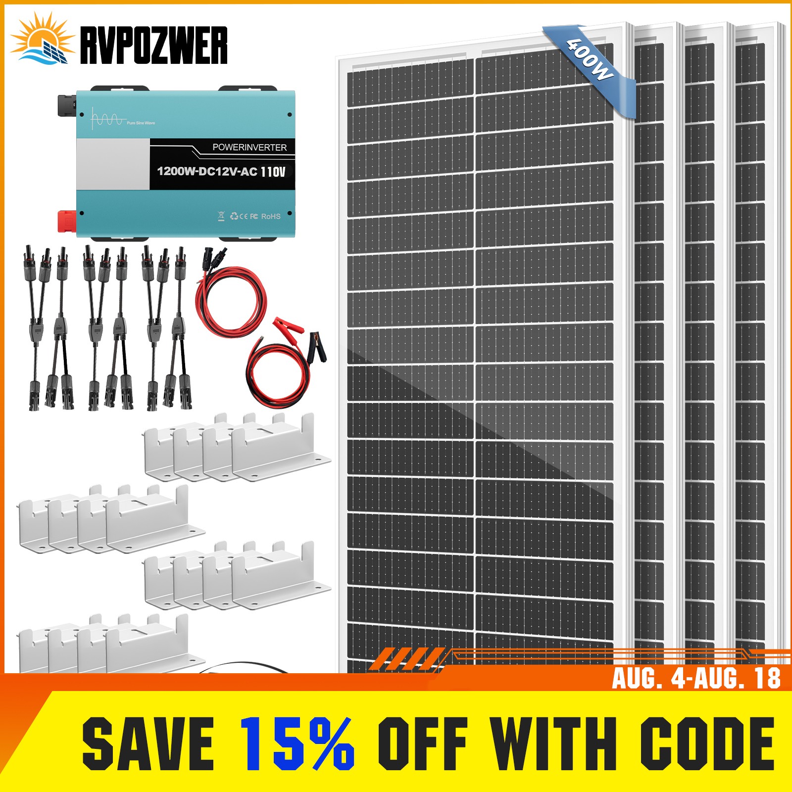 Rvpozwer 100W 200W 400W 12V/24V Mono Solar Panel 18BB Cell RV Home Off Grid US