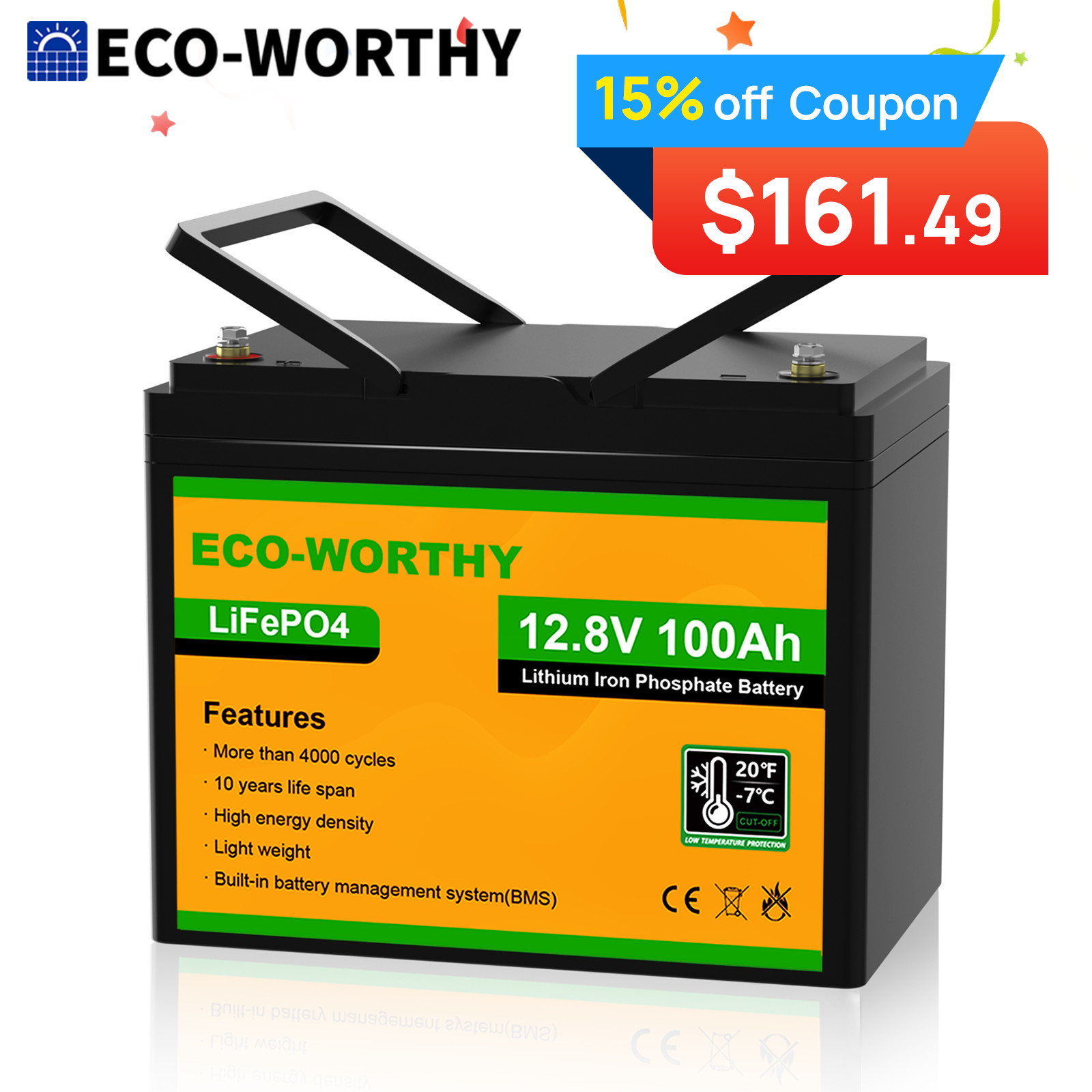 ECO-WORTHY 12V 100AH 1280Wh LiFePO4 Lithium Battery Low-Temp For RV Solar Panel