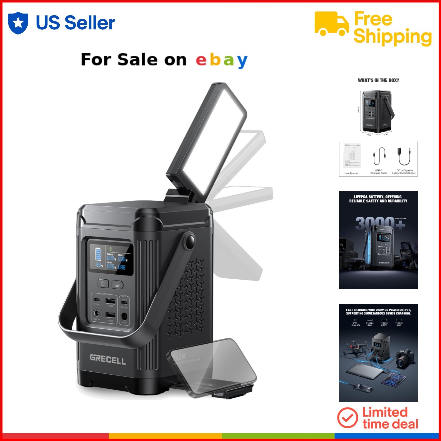 240W Portable Power Station Solar Generator 153.6WH LiFePO4 Battery Outdoors