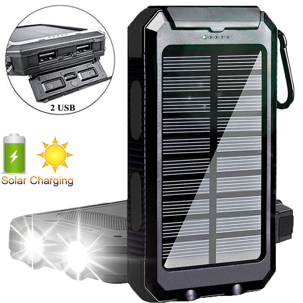 Solar Power Bank Camping Travel Flashlight Tablet Phone Charger Dual USB LED New