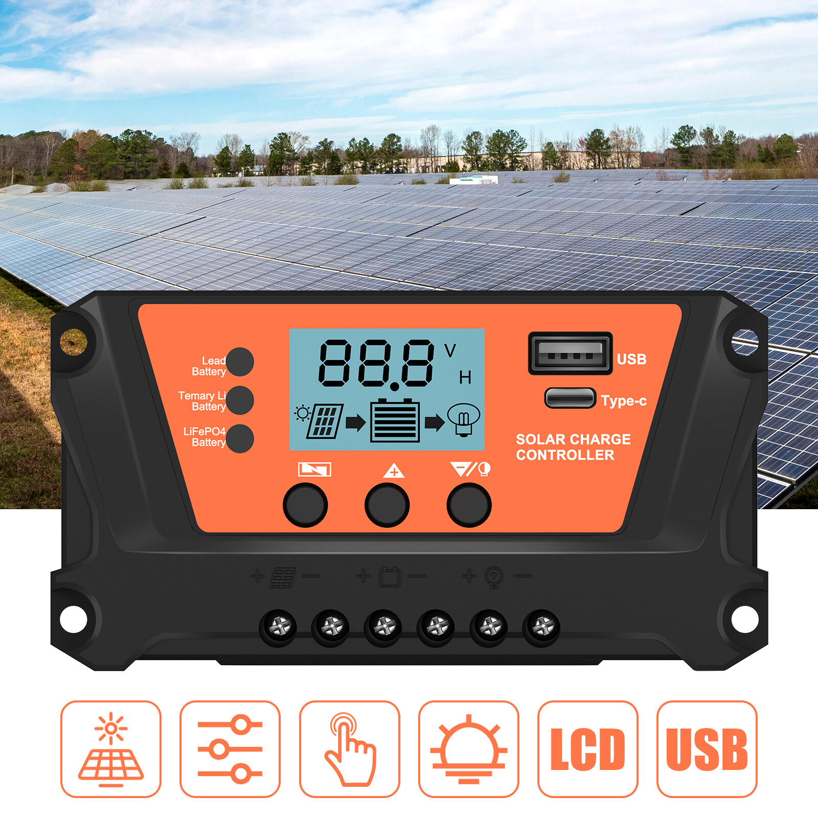 30A Solar Panel Battery Charge Controller 12V/24V LCD Regulator Auto Dual USB US