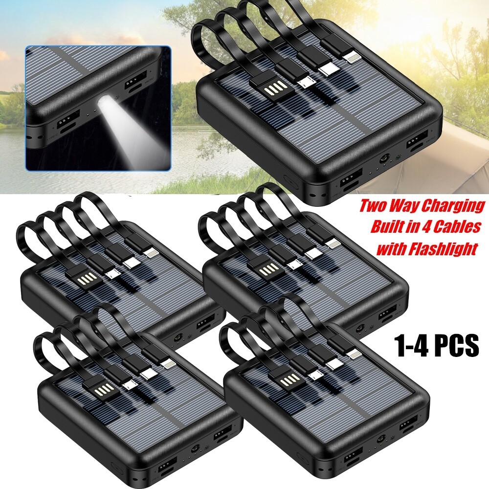 Portable Solar Power Bank 40000mAh Fast Charging Battery with 4 Cables&LED Light