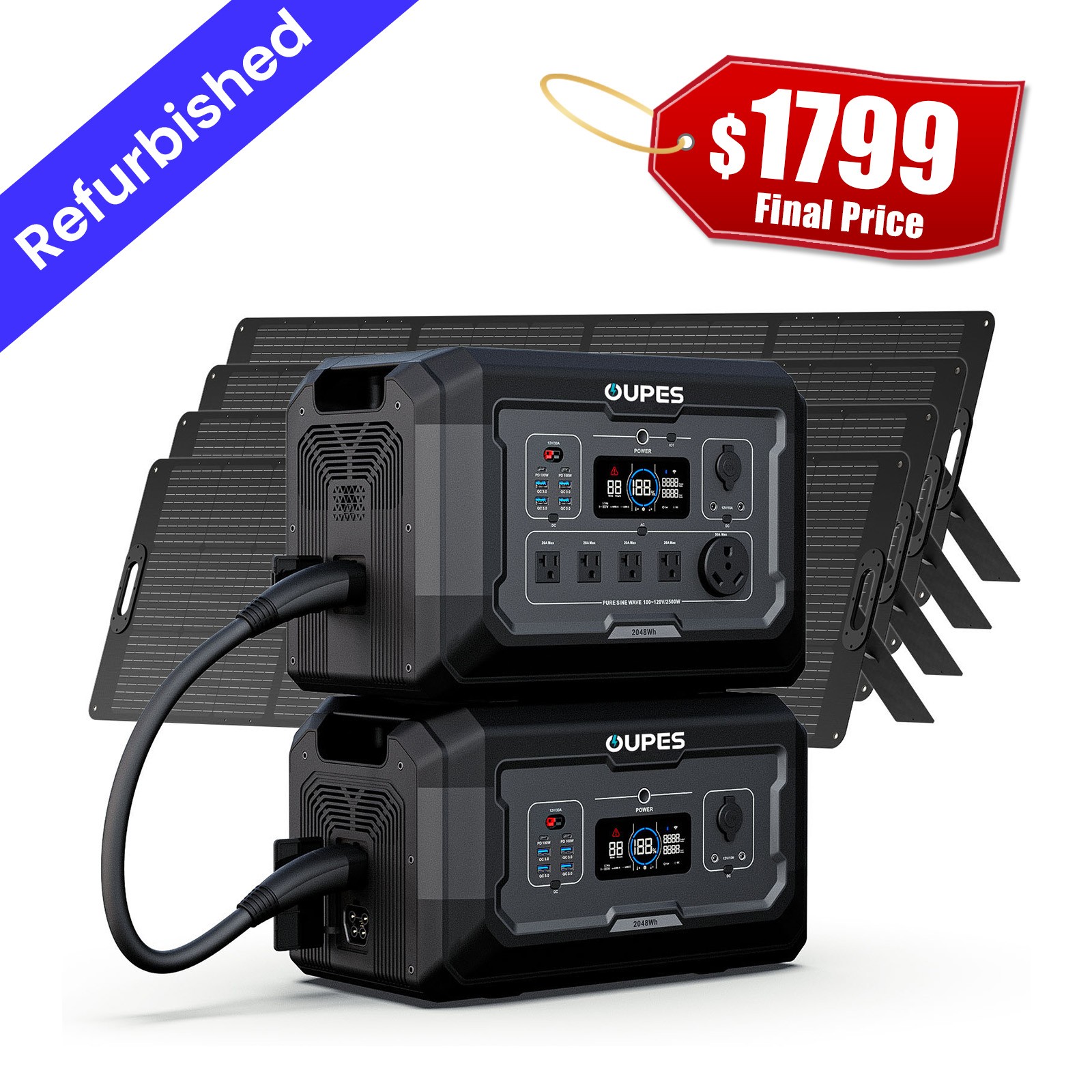 OUPES 4096Wh Mega 2 Power Station Solar Generator+4x240W Solar Panel+ B2 Home Ba